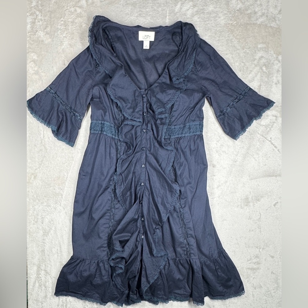 LOFT Navy Blue 100% Cotton Ruffle Button Front Lace Mini Cottagecore Dress 6